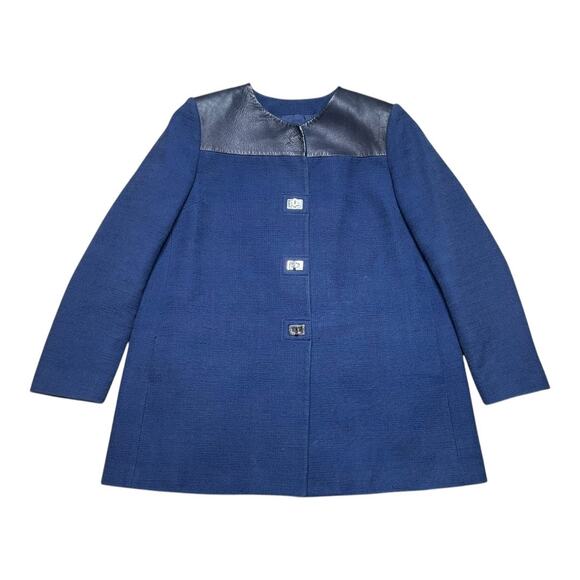 Sandro Paris Blue Cotton & Black Leather Coat Size 40 EU 8 US - Picture 1 of 4